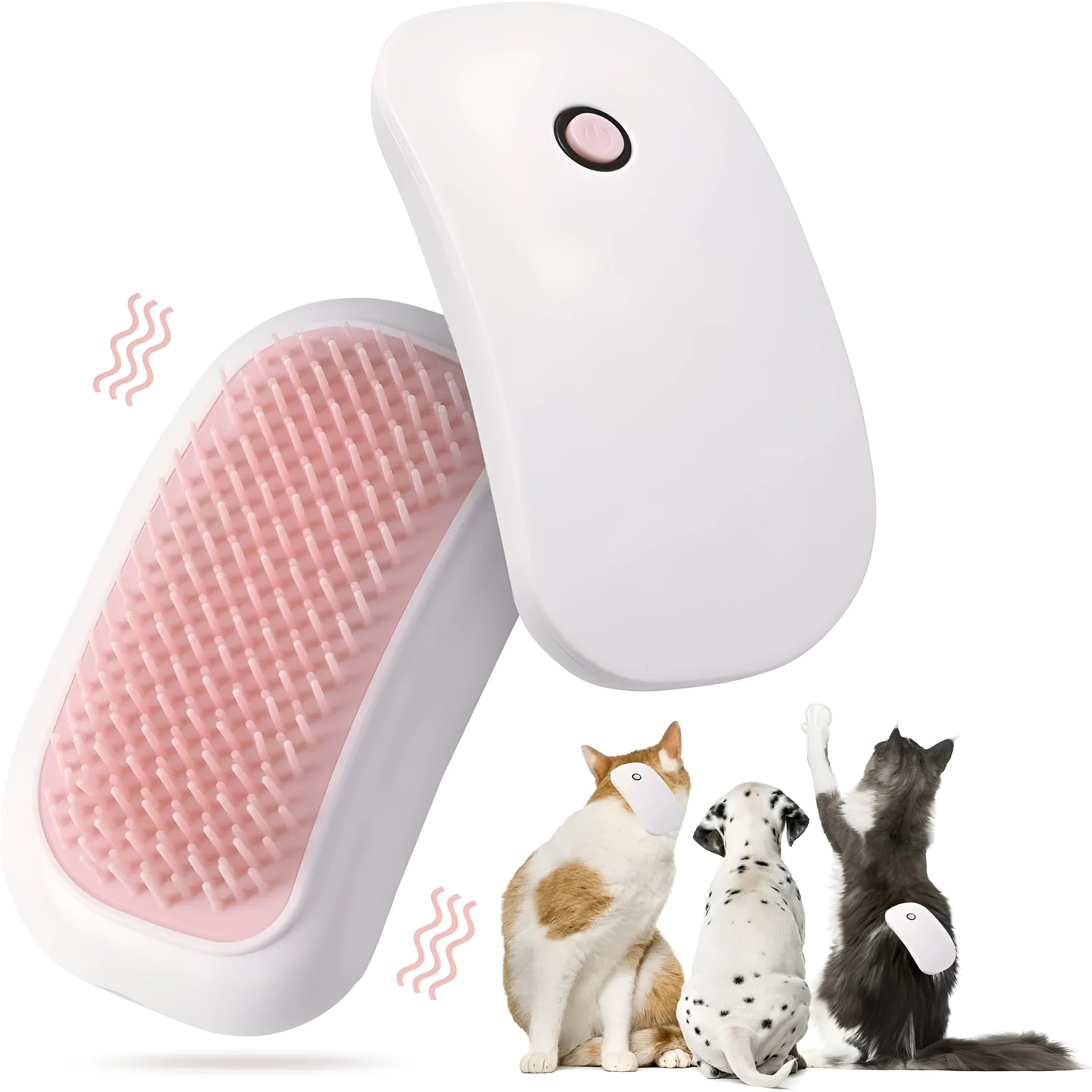 Pink handheld electric pet massage brush with soft white teeth on a table.