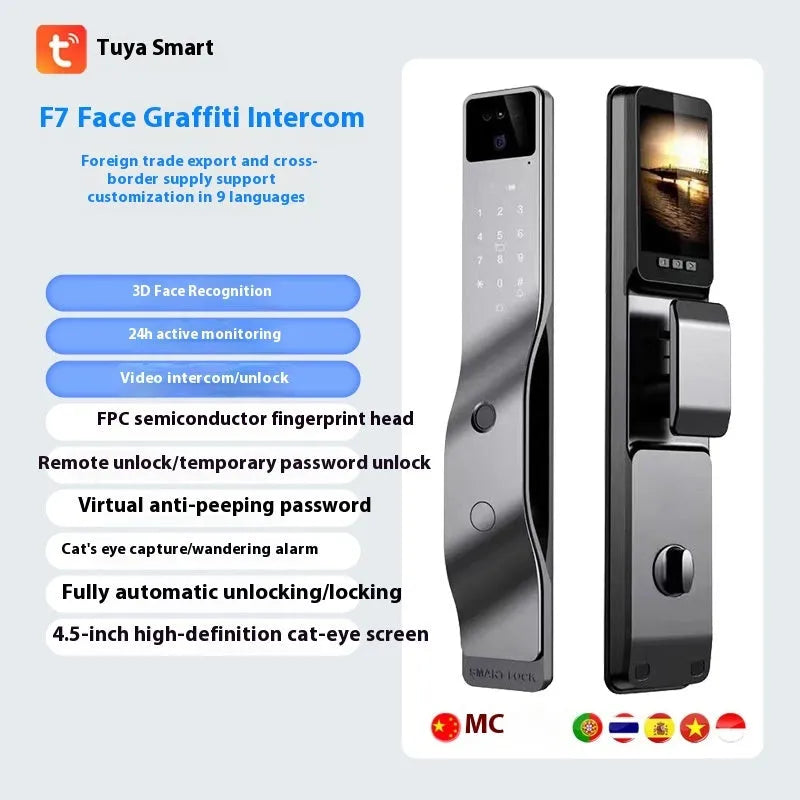 F7 face recognition smart door lock with fingerprint scanner and password keypad in aluminium housing