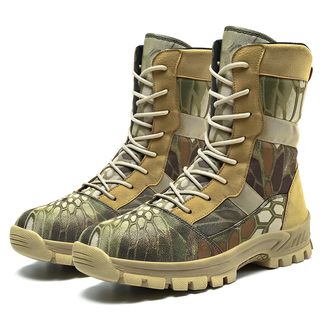 Men's black and camouflage high-top Martin boots with mesh upper and totem detailing, shown in sizes 39 to 46.