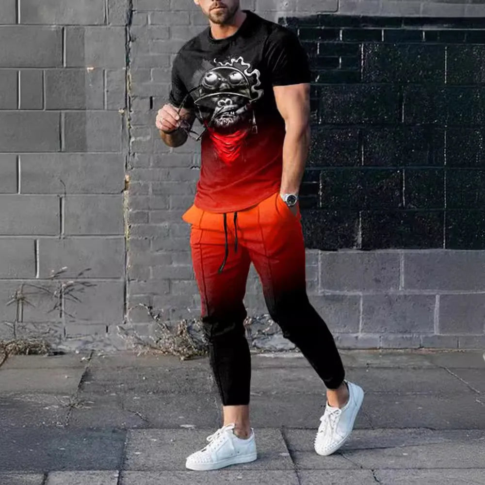 Man modelling a short-sleeved printed pullover and matching trousers from a lightweight polyester sports suit set.