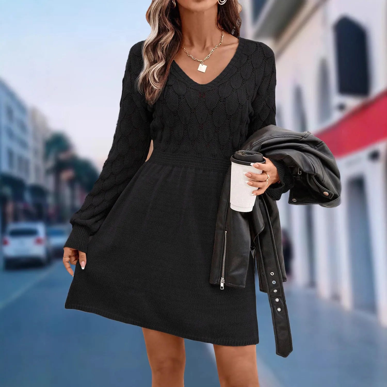 Women's artistic retro V-neck long sleeve beach dress in an ethnic style with a 3D pattern.