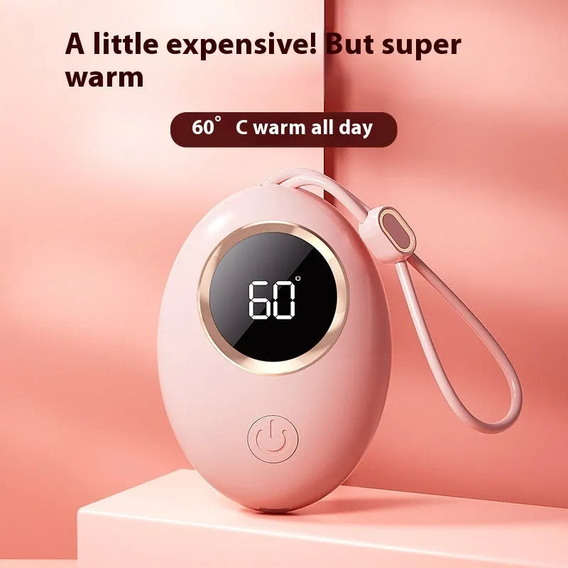 Mini USB hand warmer power bank with digital display in pink and blue colors
