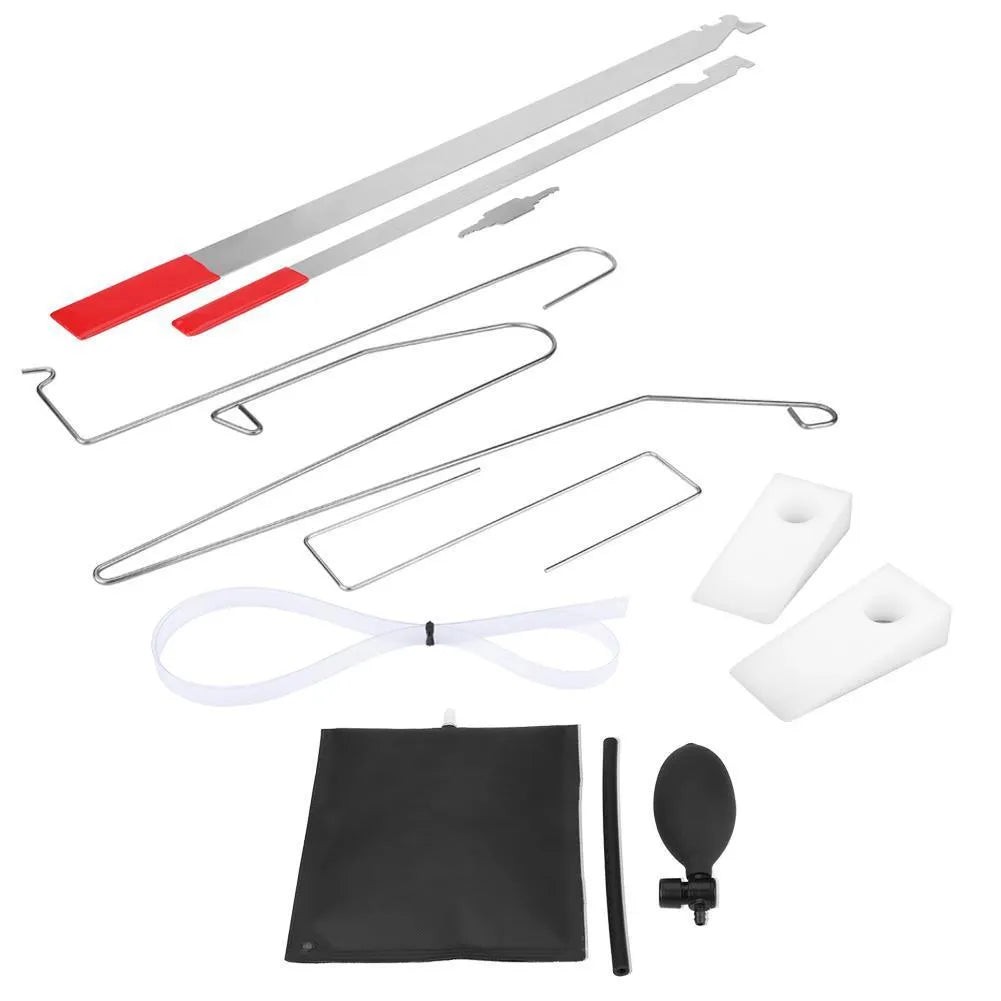 9-piece automotive emergency tool set with air pump wedge, plastic wedges, hooks, and crowbar tools
