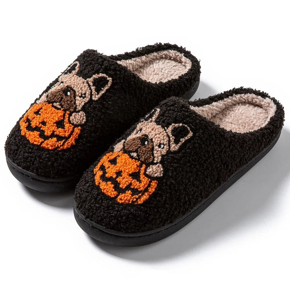 Halloween pumpkin themed plush slippers with non-slip rubber soles