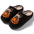 Halloween pumpkin themed plush slippers with non-slip rubber soles