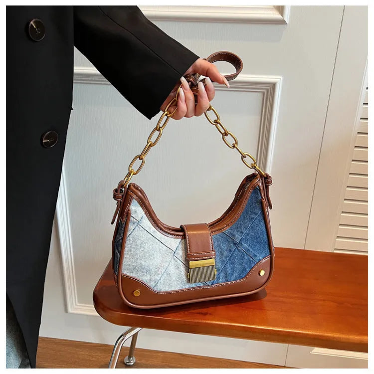 Women's brown denim bucket shoulder bag with diamond chain mesh and double strap