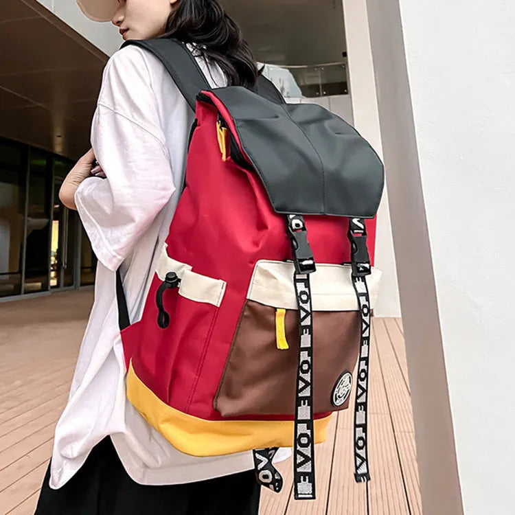 Oxford cloth backpack in black green or red colours showing dimensions and three carrying options