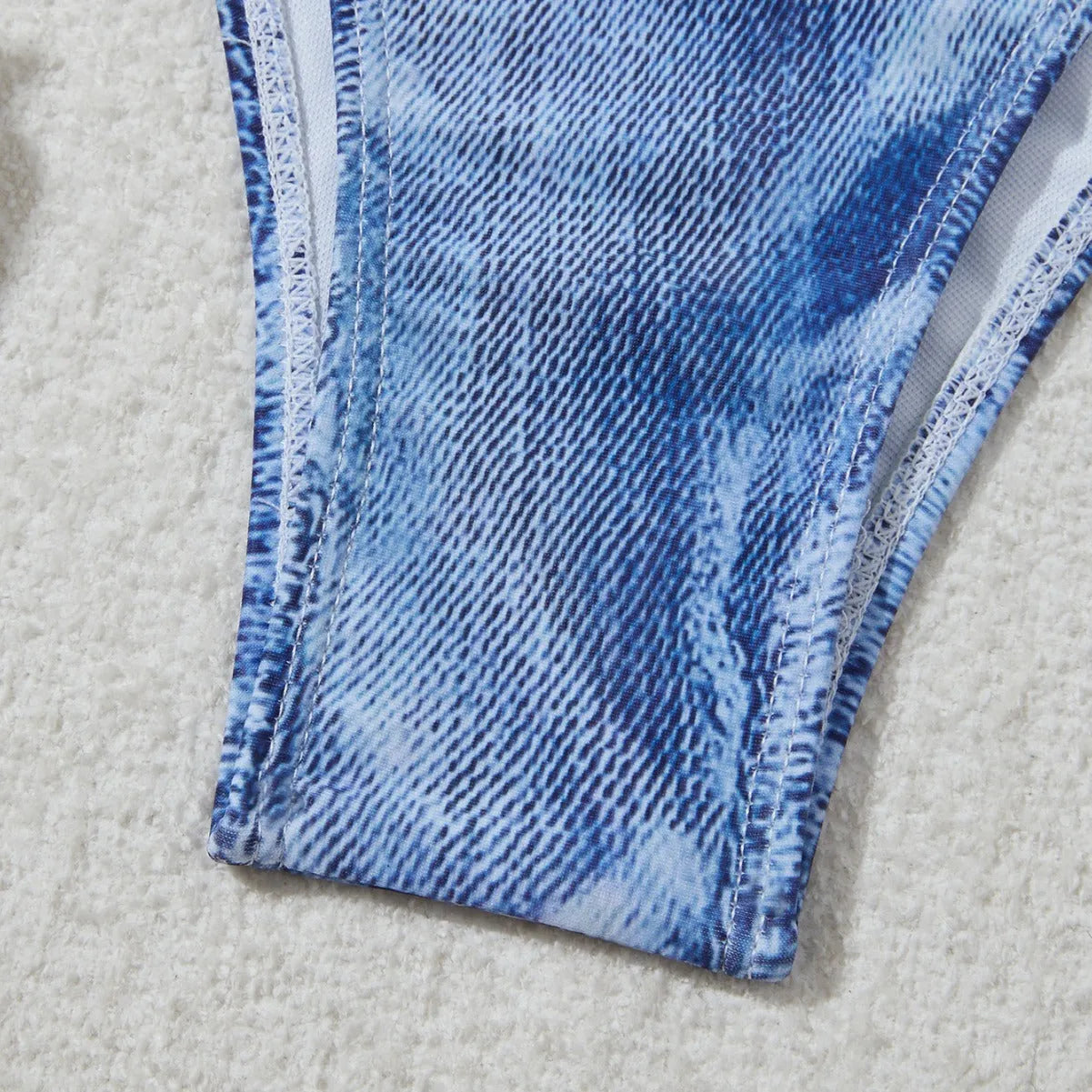 Women's denim blue print bikini set with strap detailing on polyester blend fabric