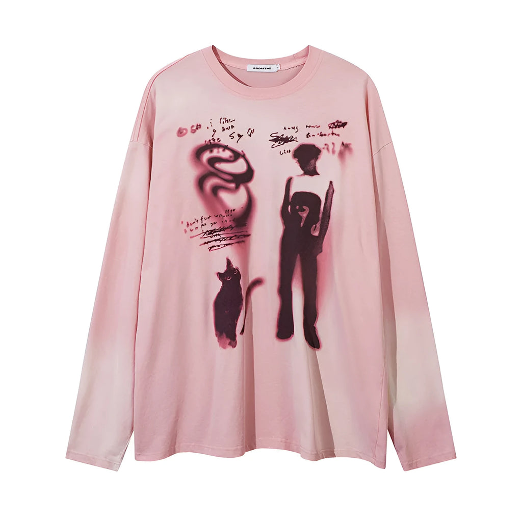 Women's dark grey loose fit cotton pullover top with drop shoulders and letter print pattern