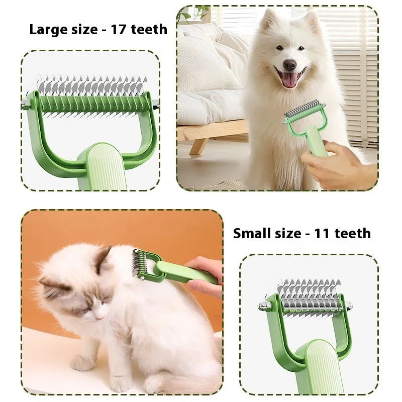 Pet hair unknotting comb with stainless steel blades and PP handle in green or grey