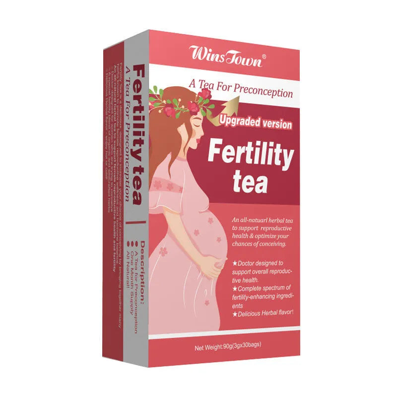 Box of fertility tea containing 330 individual tea bags packaged across three smaller boxes.