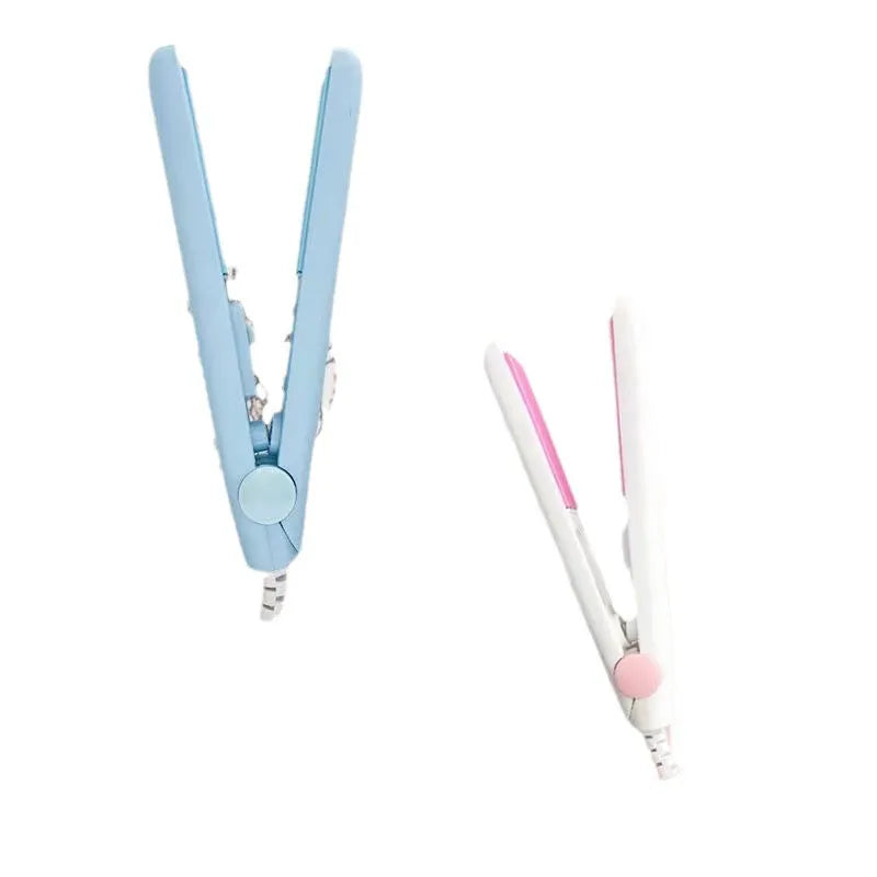 Mini hairdressing splint hair straightener in blue, pink, purple, white, or yellow with a storage box.