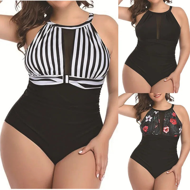 Women's black lace one-piece swimsuit with red floral and striped pattern options.