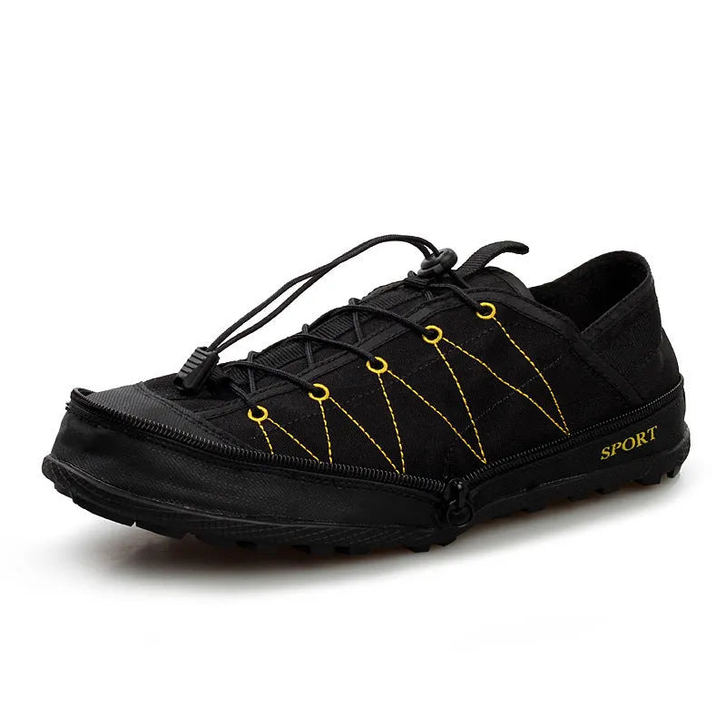 Portable folding outdoor hiking shoes in orange with side zipper and mesh upper
