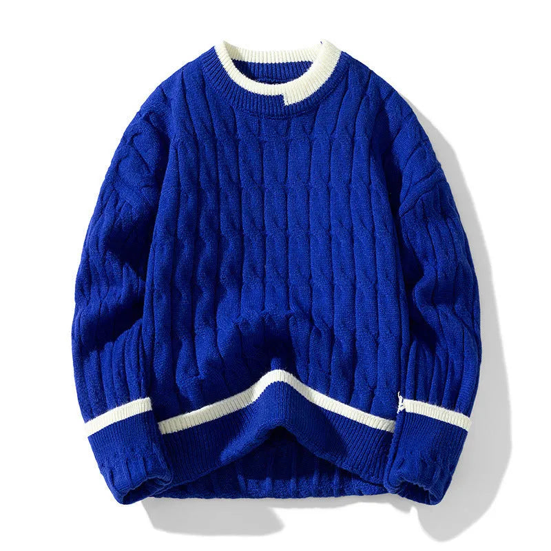 Men's loose-fit long sleeve pullover sweater in a modal acrylic blend, shown in light blue.