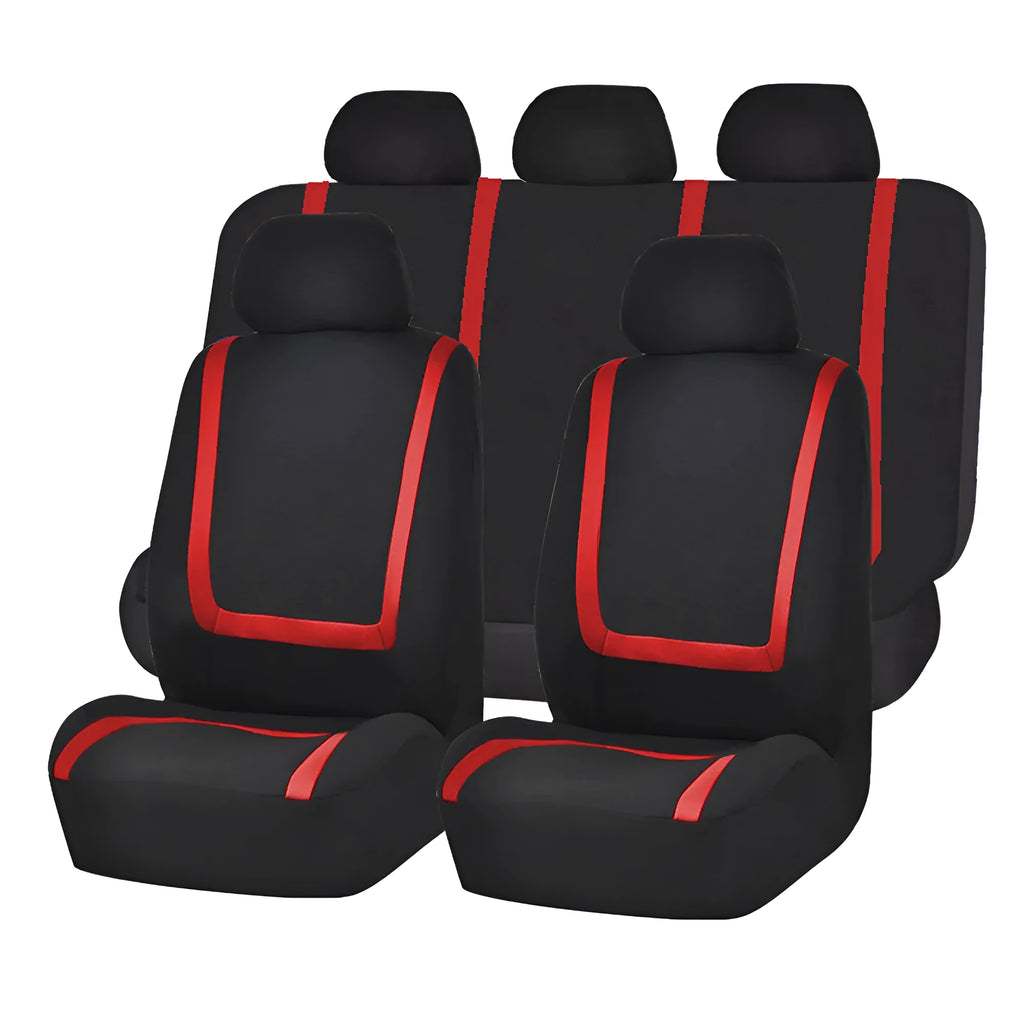 Universal fully enclosed fabric car seat cover set showing front and rear seat protection pieces.
