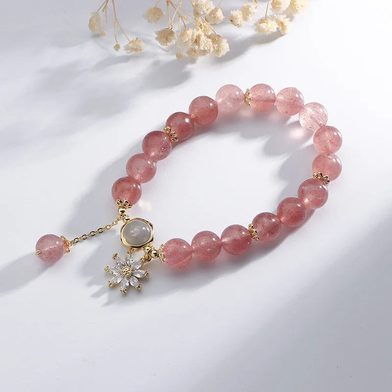Strawberry quartz crystal bracelet with Korean Mori style floral design and electroplated finish