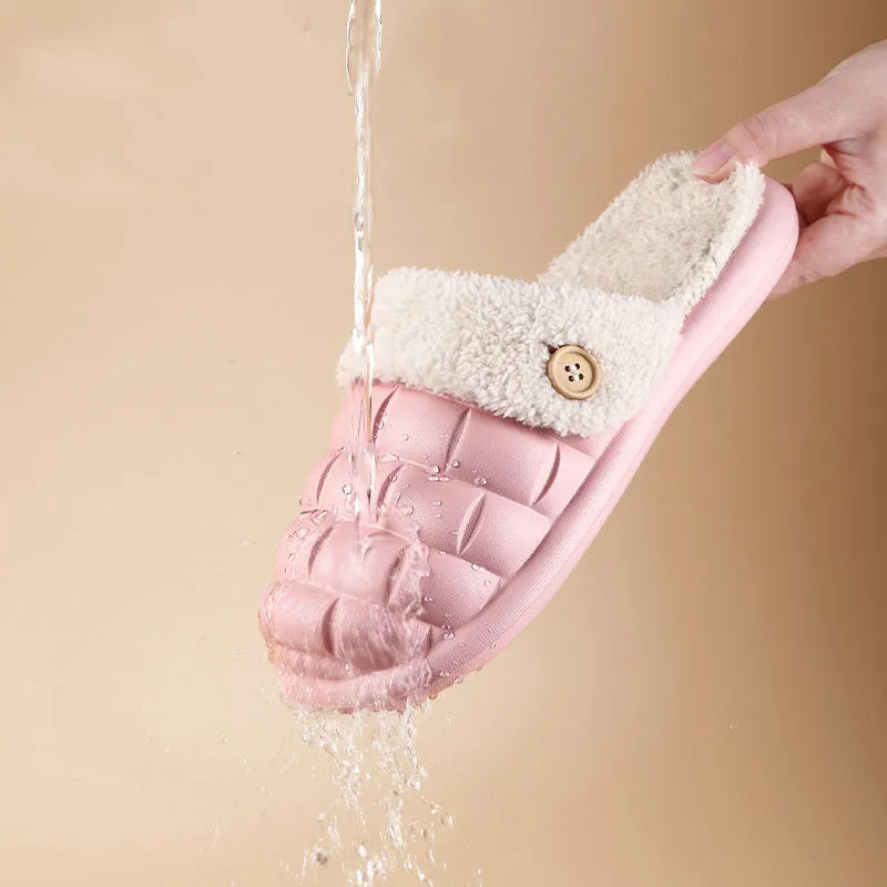 Plaid detachable EVA slippers with plush lining, shown in pink, with a round toe and flat sole.