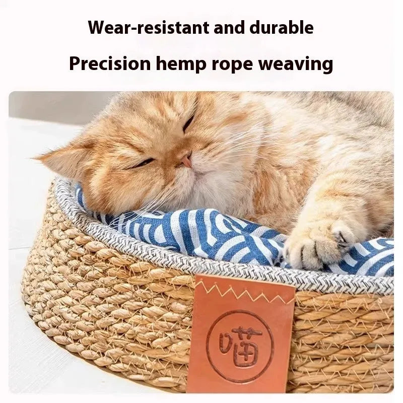 Natural rattan woven cat nest bed showing breathable open design suitable for feline sleeping