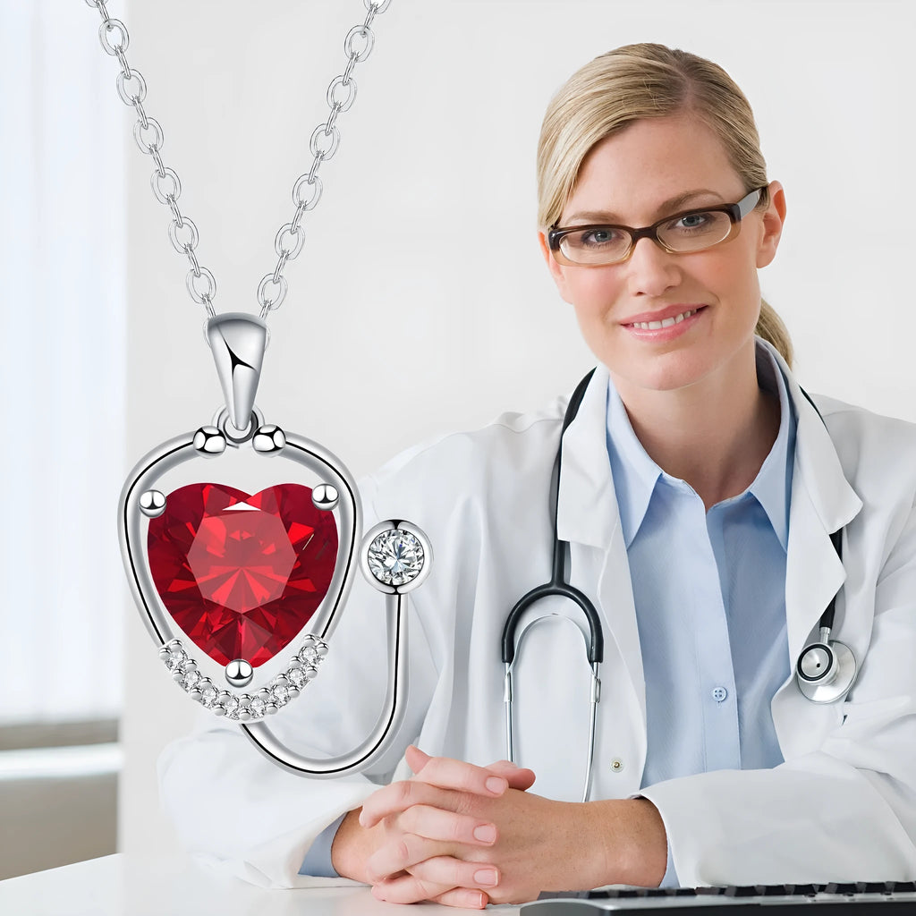 Women's copper stethoscope pendant necklace with wings cross design and red diamond electroplated finish