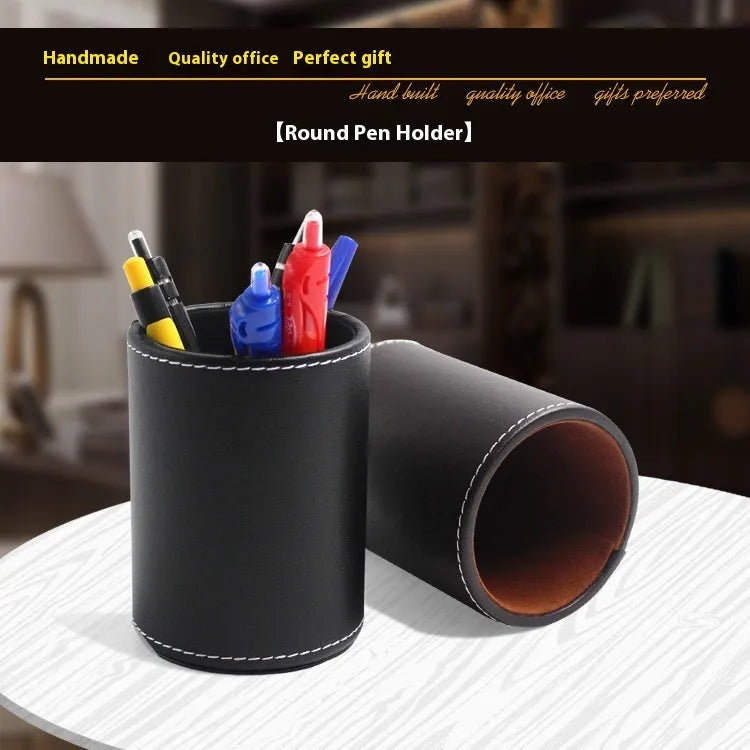 Round black leather pen container 8cm diameter 10.8cm height for office desk