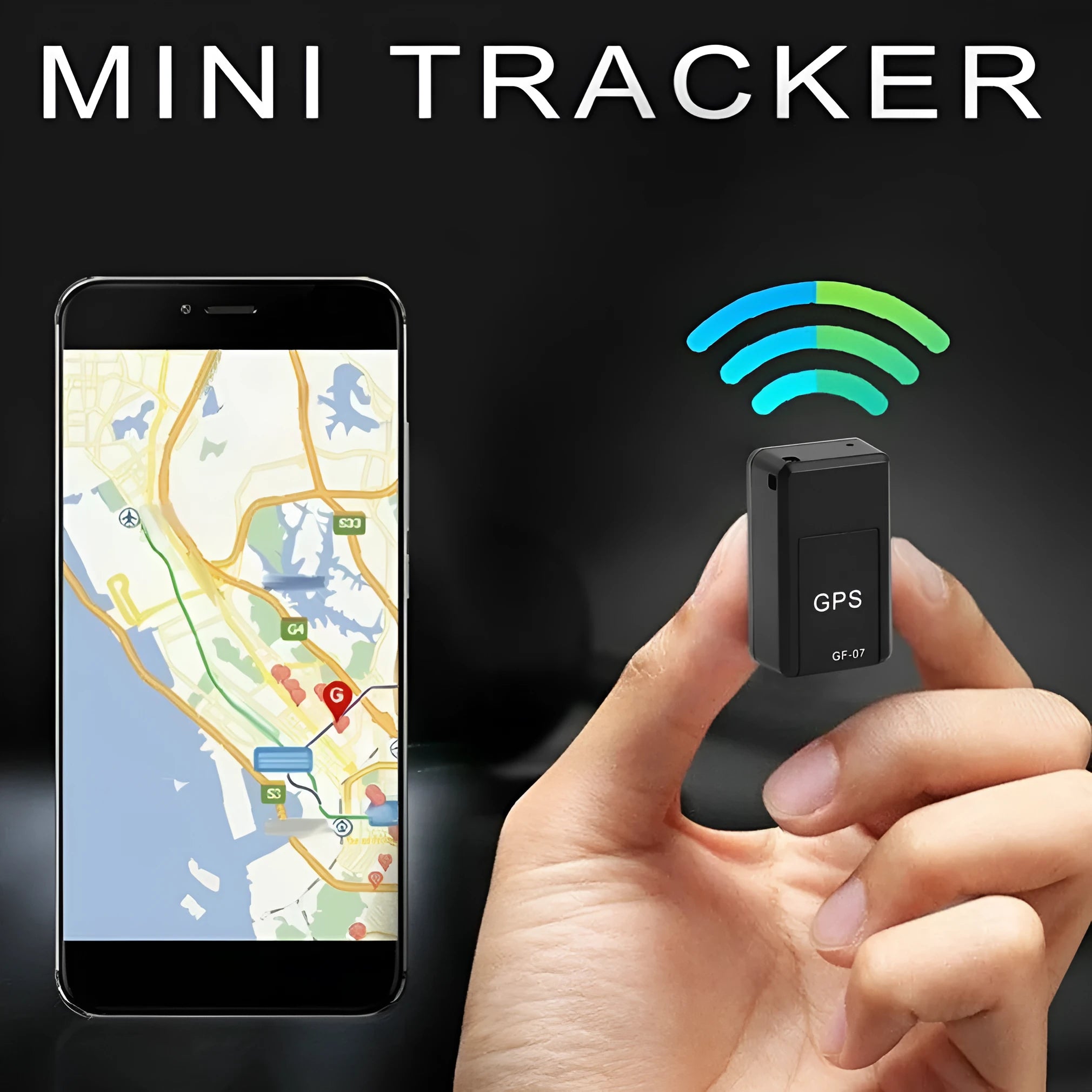 Black plastic mini magnetic GPS car tracker measuring 35×20×14mm with USB charging cable