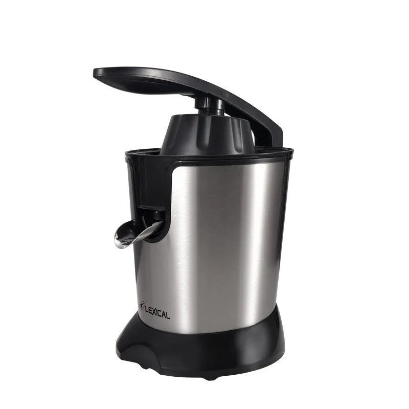 Stainless steel electric juicer for separating lemon and orange juice.