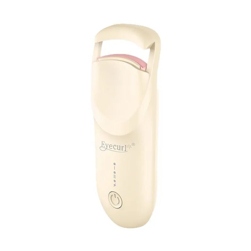 USB charging electric heating eyelash curler in cream white, pink, or apricot.