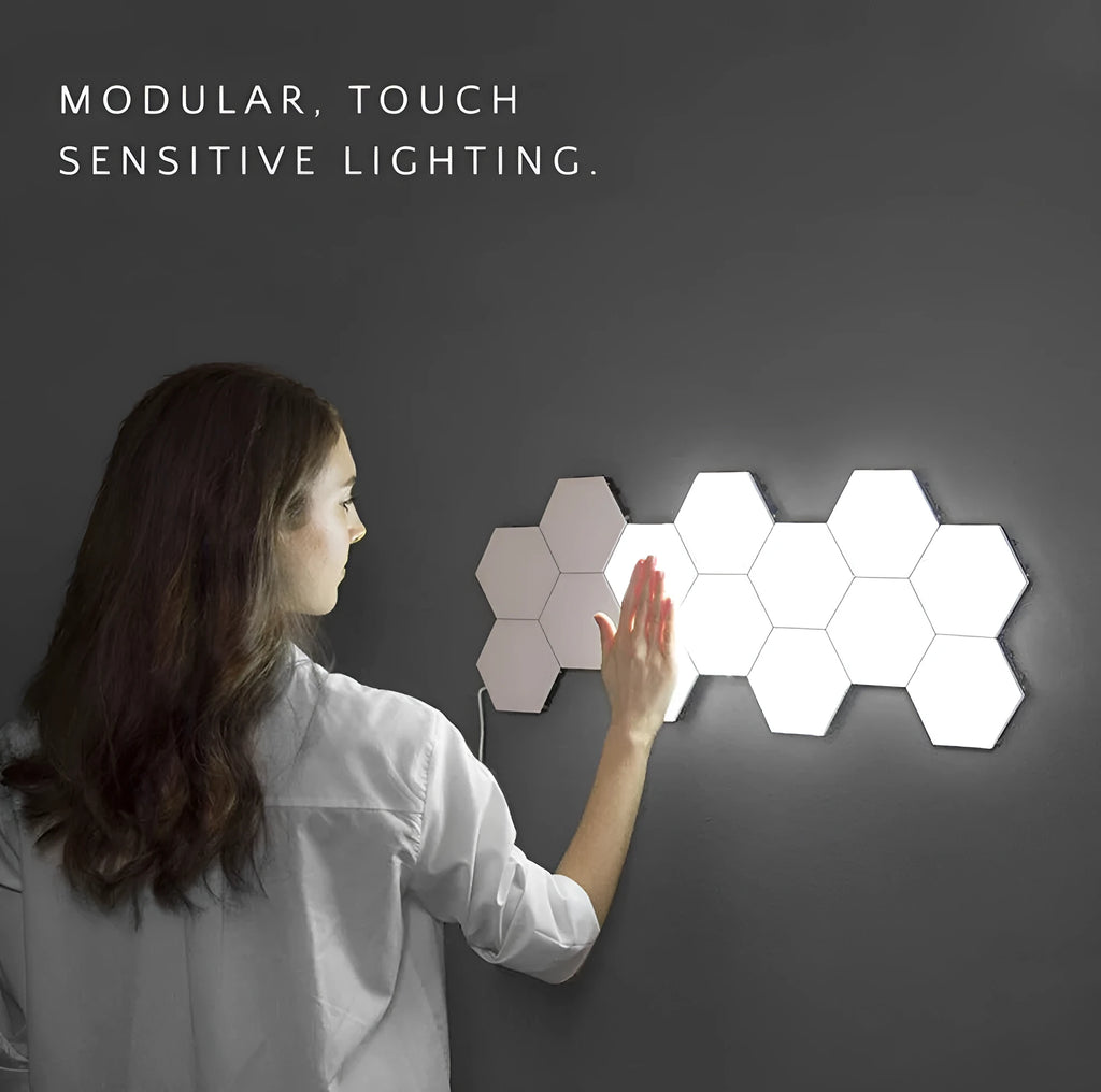 Helios modular honeycomb wall lamp with touch control and multiple colour options on a modern interior wall