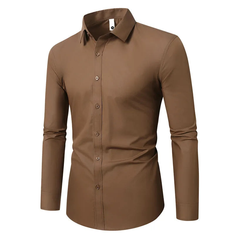 Men's loose-fit long-sleeve linen shirt in black, shown on a model.