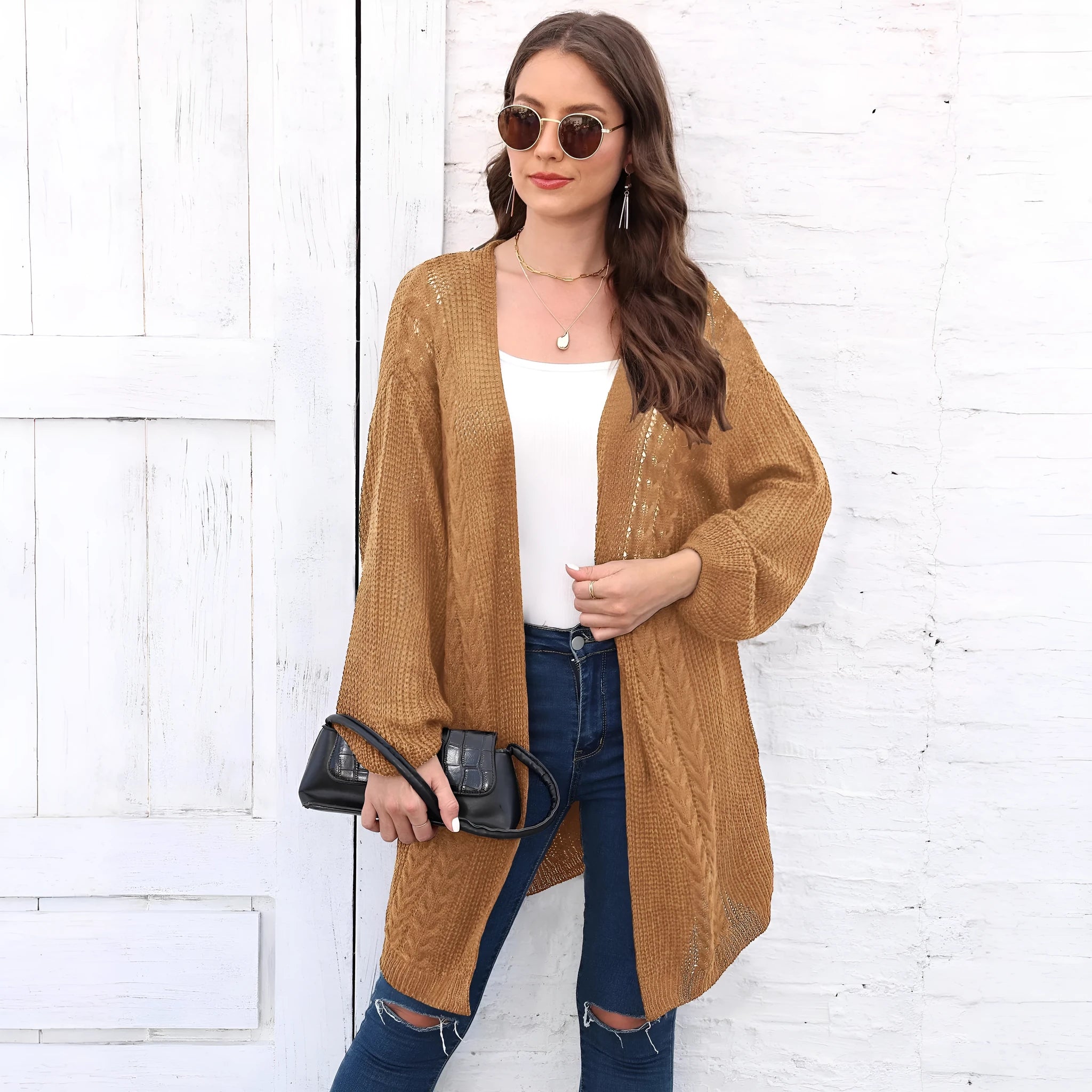 Women's loose acrylic sweater coat cardigan in army green, shown front view