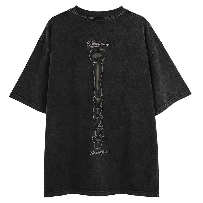 Men's black skull print cotton T-shirt with drop shoulder sleeves and loose fit streetwear style