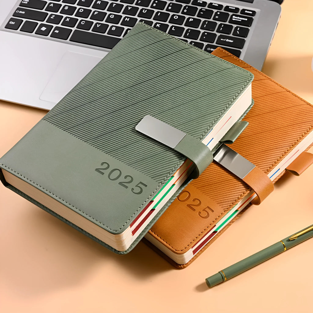 A5 thick notepad with 408 pages and striped PU leather cover in multiple colour options