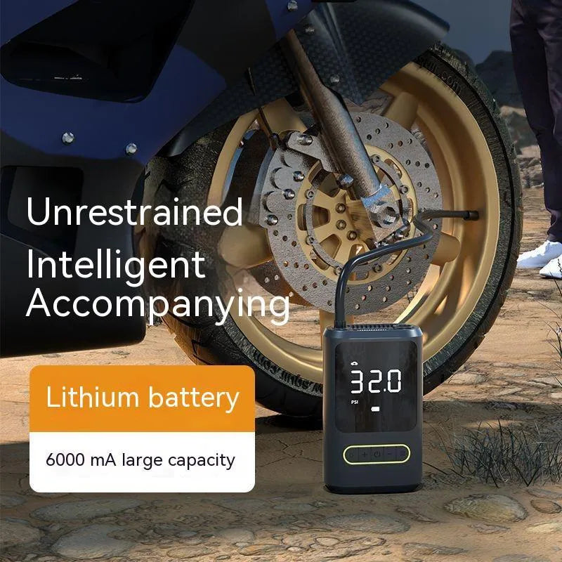 Handheld digital display car tyre inflator pump with LED screen, black ABS body, and air hose.