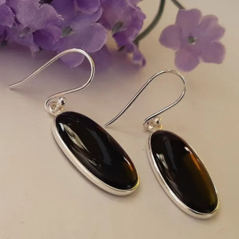Women's black agate oval pendant earrings with 925 silver geometric design and electroplated alloy construction