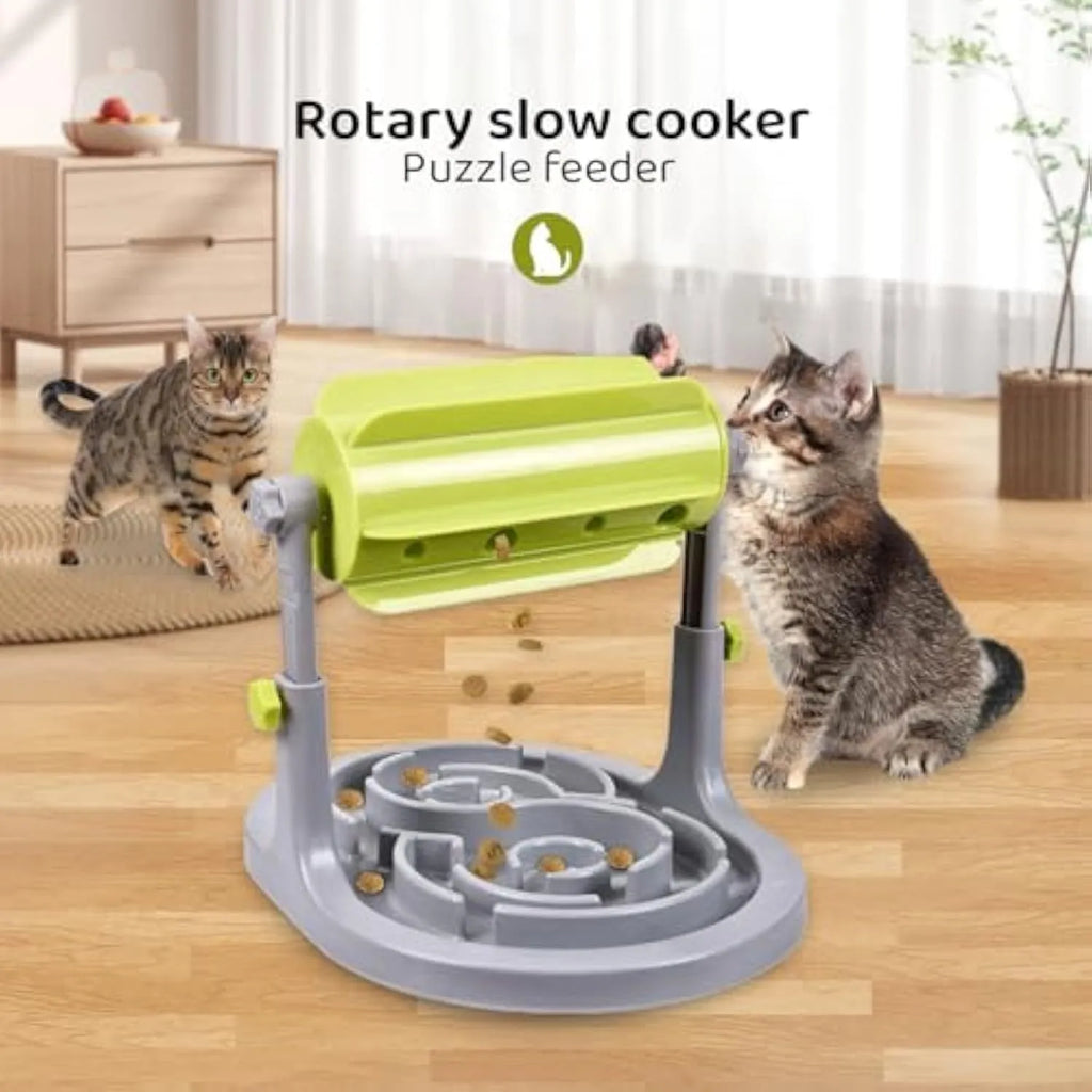 Blue interactive pet puzzle feeder bowl with adjustable height and raised food tray patterns