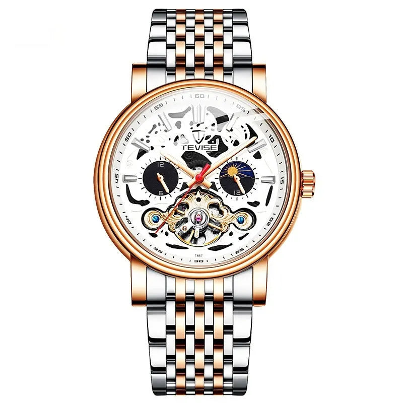 Men's casual tourbillon mechanical watch with luminous dial and waterproof case in rose black colour.