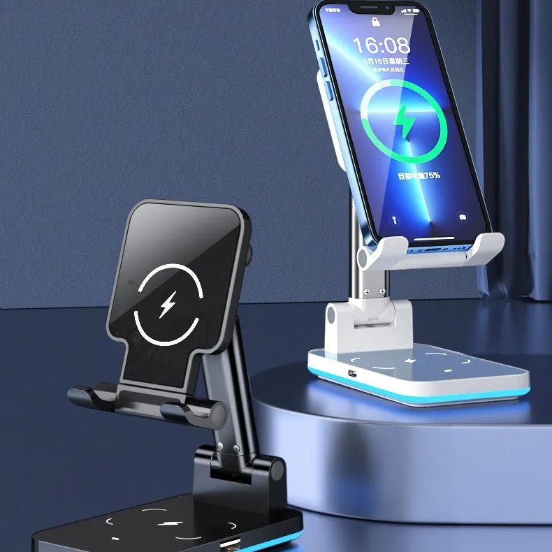 Black and white desktop wireless charging mobile phone holder stand on a desk.