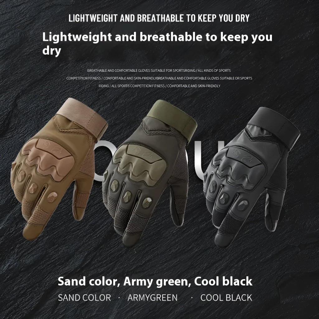 Men's black tactical training gloves with touch screen fingertips shown on hands