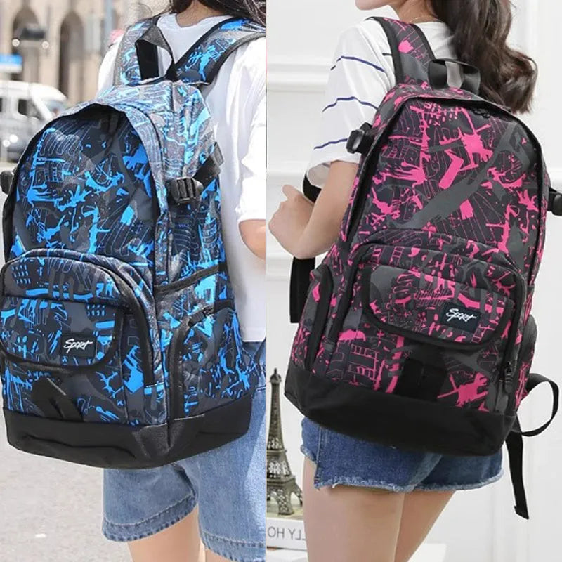 Blue and red classic nylon backpack showing large main compartment for school or travel.
