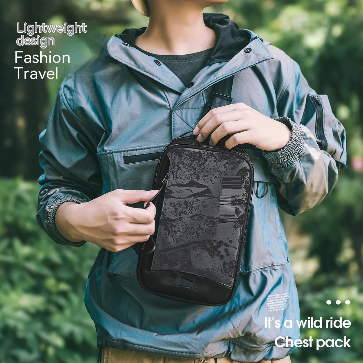 Casual black TPU camouflage chest bag with a soft handle and single shoulder strap.