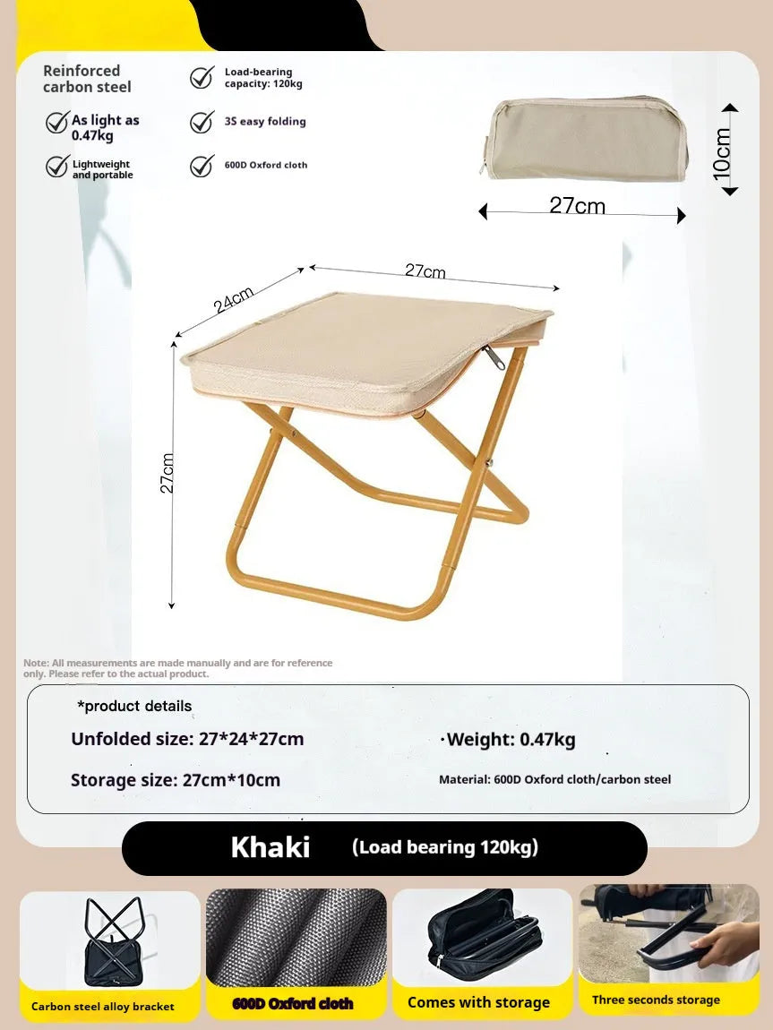 Foldable camp stool in pencil box design with oxford cloth construction shown in khaki colour