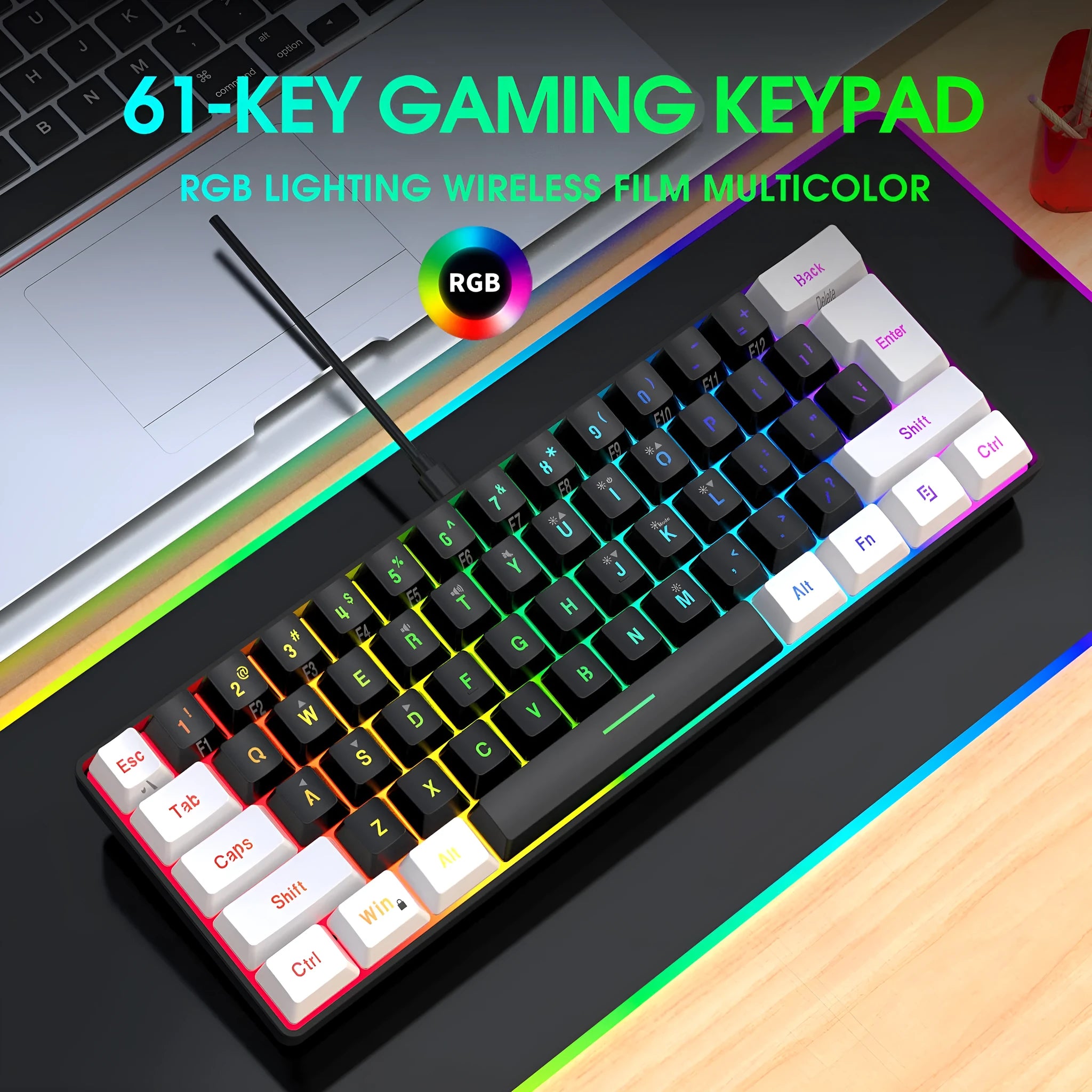 White and black wired 61-key membrane keyboard with compact 28.7cm width design