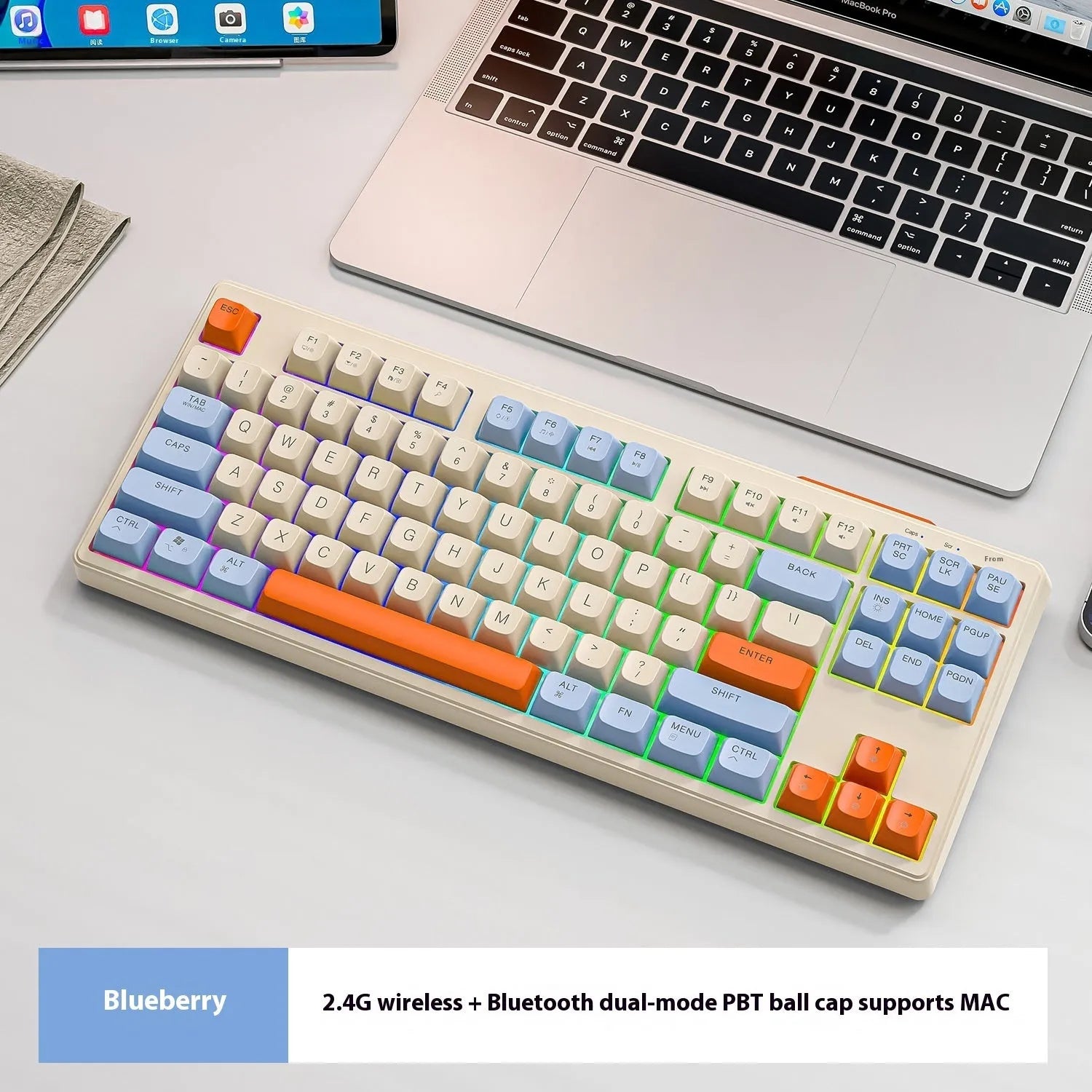 Free Wolf M87 wireless Bluetooth keyboard in blueberry colour on a desk, showing compact 87-key layout.