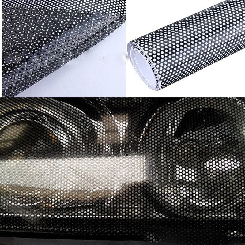 Perforated mesh automotive vinyl colour change film sheet measuring 30 by 106 centimetres.
