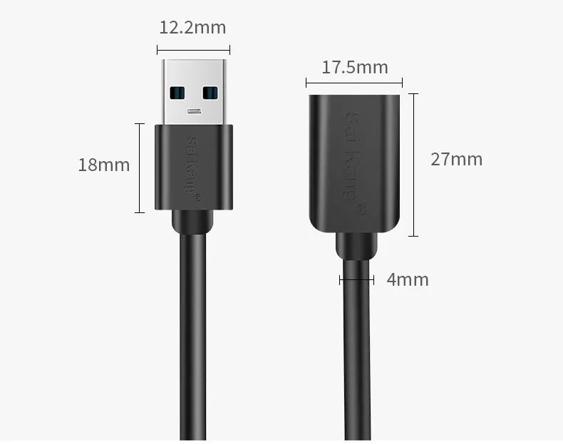 Black USB 3.0 and USB 2.0 male-to-female extension cable showing connector detail