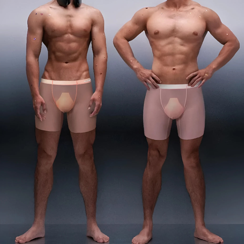 Men's seamless nylon boxer shorts in orange, pink, or red colours with low-waist sports design