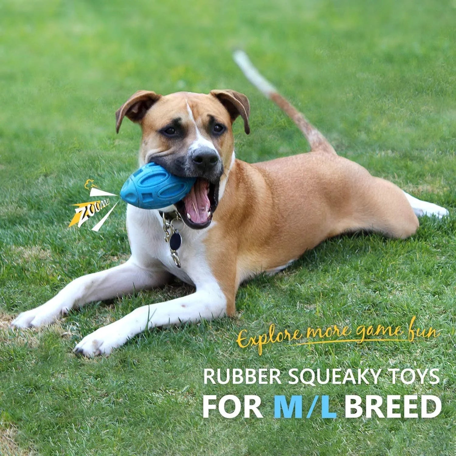 Blue, green, and orange natural rubber squeaky dog chew ball for aggressive chewers.