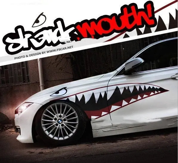 Large shark design PVC body sticker for car door, showing strong adhesive backing.