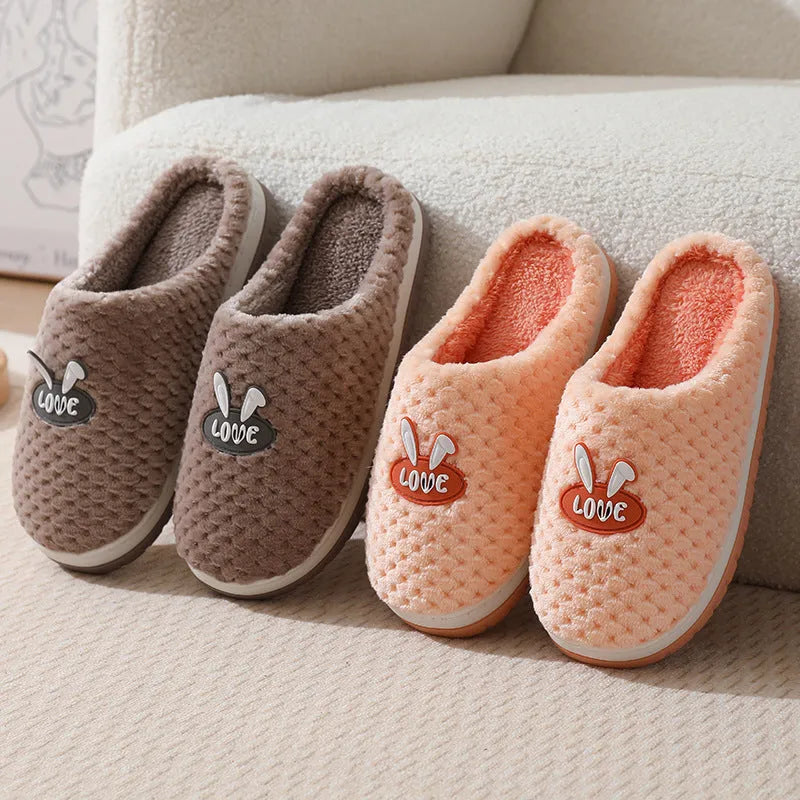 Rabbit plaid pattern women's house slippers with thick rubber sole and artificial fur lining